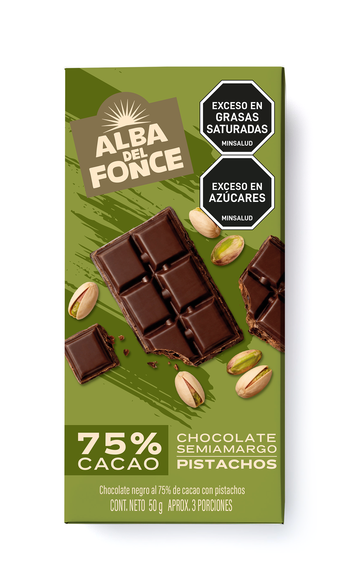 Chocolate amargo al 75% con pistachos.